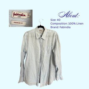 Fabindia 100% Linen Button-Up Shirt | Light Blue Long Sleeve Premium Fit Size 40